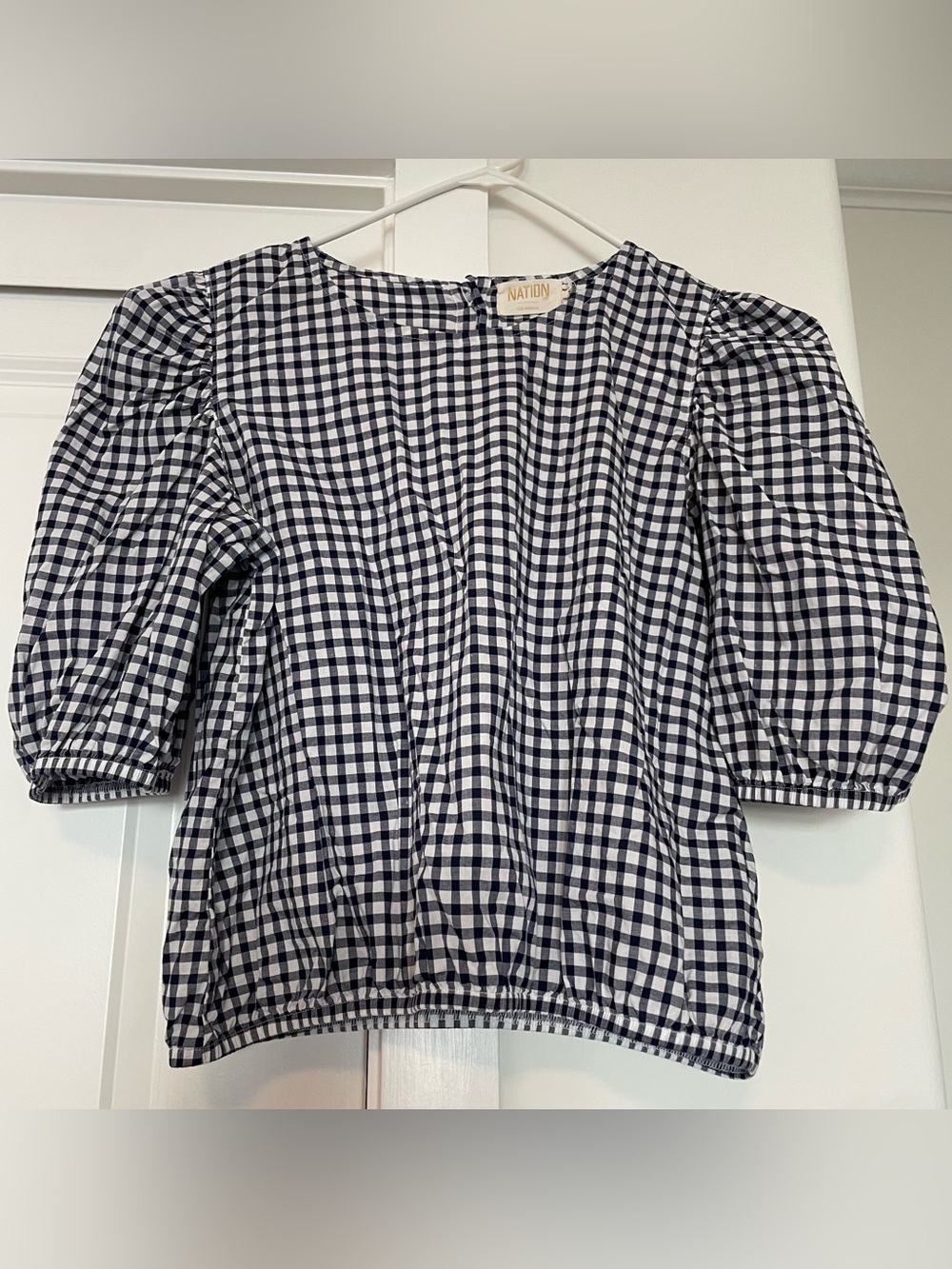 Nation Navy and White Gingham Puff Sleeve Top 100% Cotton